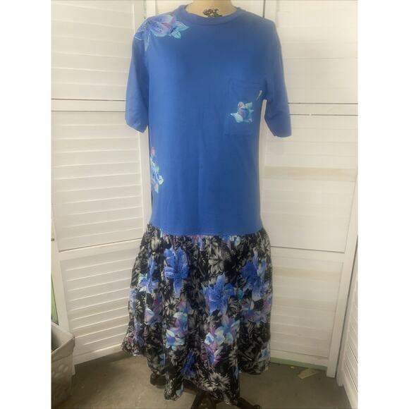 Vtg 80s Classic II Drop Waist Dress Short Sleeve Floral Cotton Union Made USA L - Picture 1 of 11